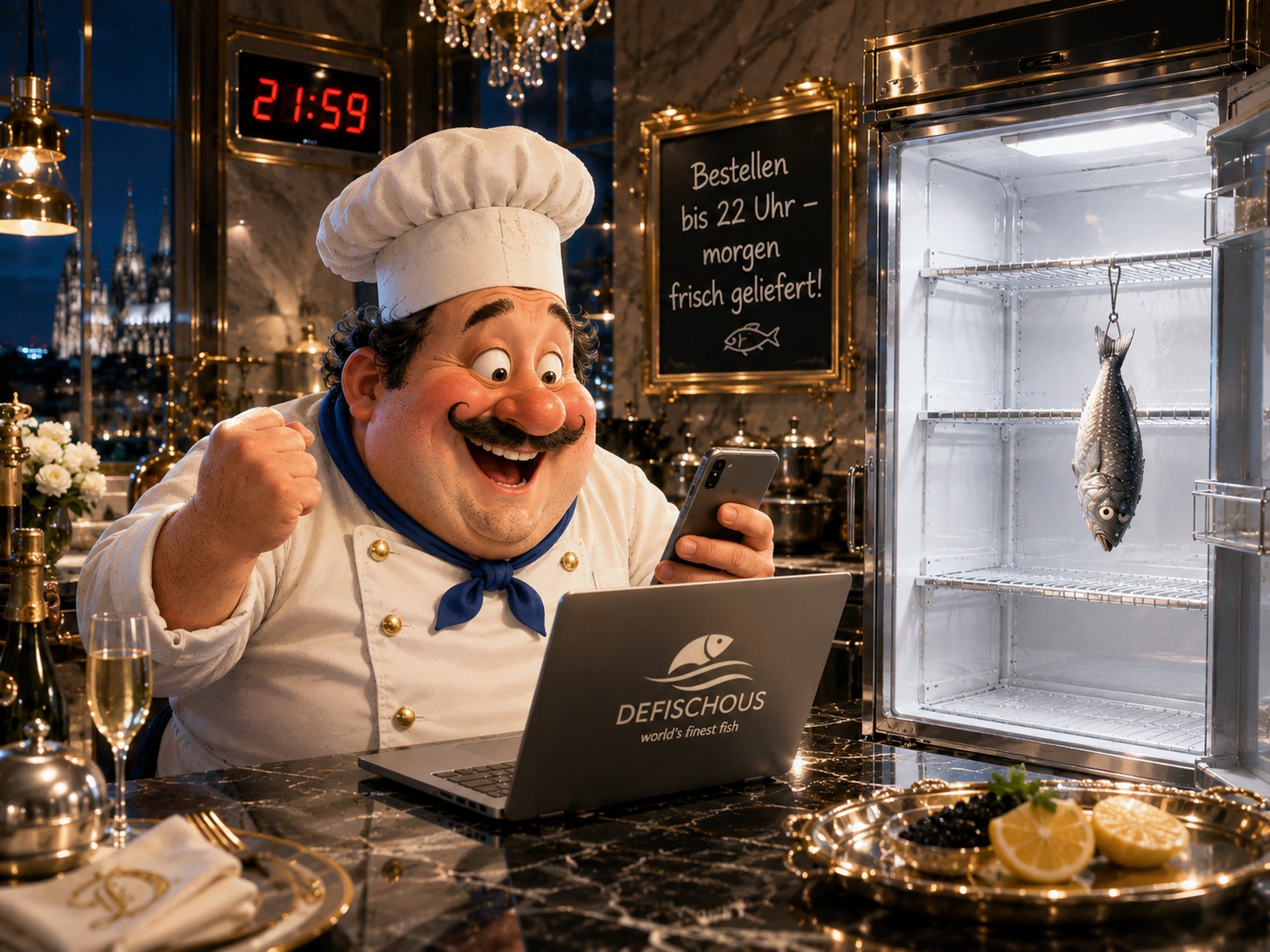 Küchenchef bestellt um 21:59 begeistert am Laptop bei defischous nach — der Kühlschrank neben ihm ist bis auf einen Fisch leer, im Fenster der Kölner Dom bei Nacht.