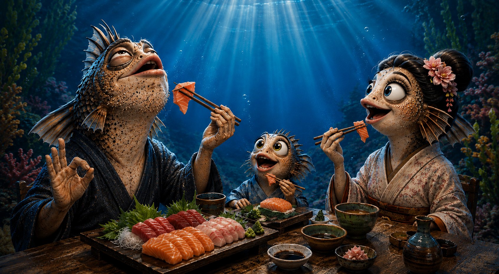 Drei Fische im Kimono genießen Sashimi am Meeresgrund: der Vater schwelgt mit gehobenem Stäbchen, die Mutter probiert, der kleine Sohn strahlt.